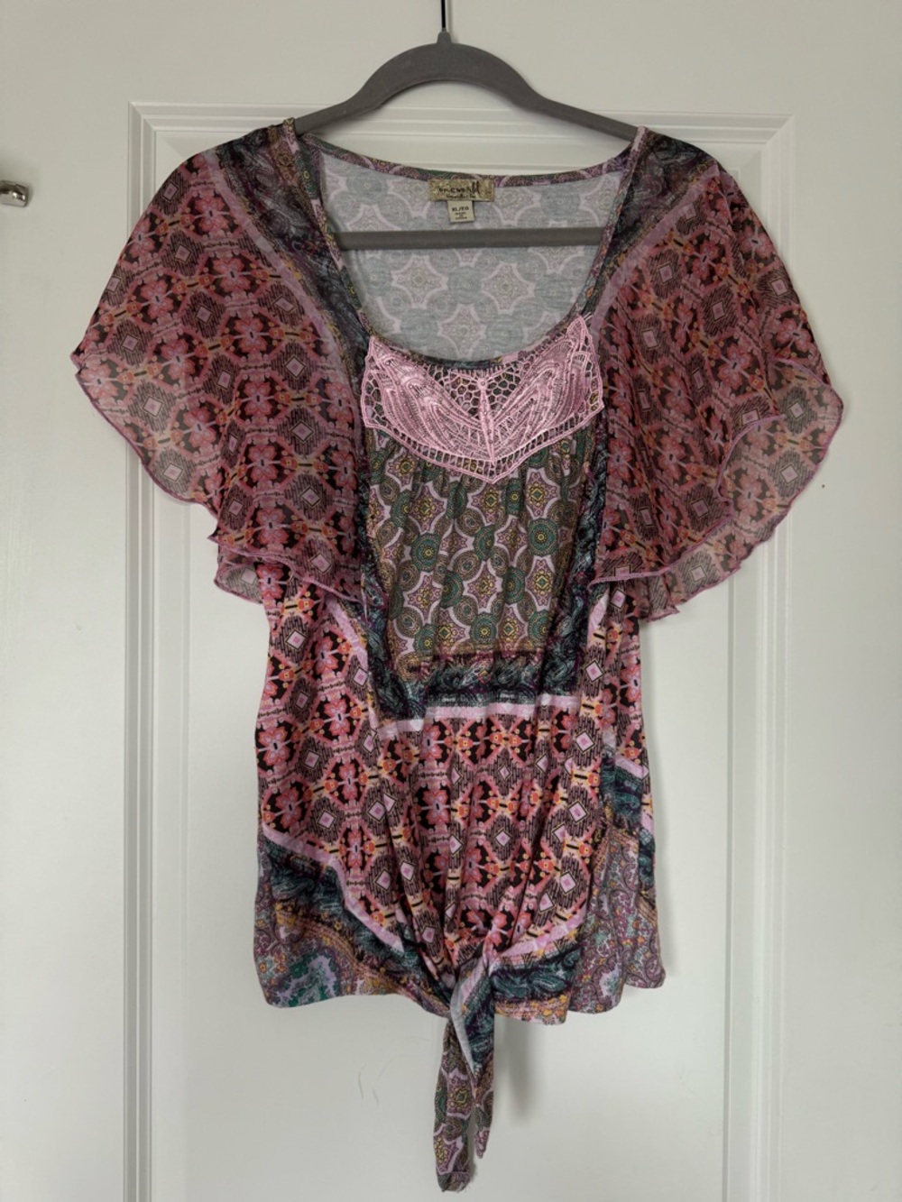 ONE WORLD Pink Paisley-Print Tie-Front Blouse